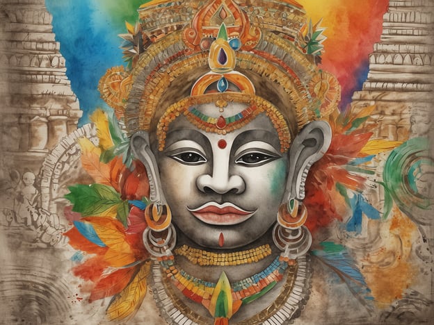 Auf dem Bild ist ein künstlerisches Porträt eines Gesichts zu sehen, das reich an kulturellen Symbolen und Farben ist. Es besteht aus detailreichen Elementen, die an traditionelle indische Kunst erinnern. Die Verwendung von lebendigen Farben wie Rot, Blau und Grün sowie die Verzierung mit Schmuck und Kopfputz zeigen die Vielfalt künstlerischer Ausdrucksformen und stellen eine Verbindung zur kulturellen Identität her. Diese Darstellung ermöglicht es, die kulturelle Vielfalt hautnah zu erleben und die Schönheit verschiedener Traditionen zu würdigen.