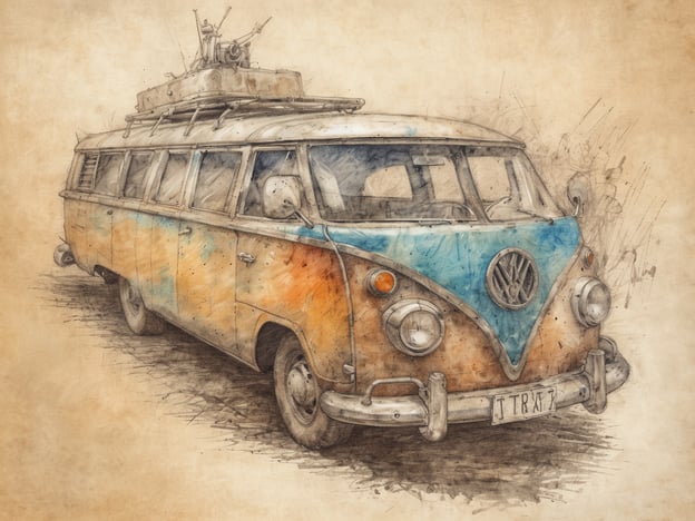 Auf dem Bild ist ein klassischer VW-Bus zu sehen, der im Vintage-Stil gestaltet ist. Mit seinem einzigartigen Design und der bunten, leicht abgenutzten Lackierung erinnert er an Abenteuer und Reisen. Dieser VW-Bus ist perfekt für einen Aktivurlaub für Abenteuerlustige, die damit verschiedene Orte erkunden und spontane Ausflüge ins Freie unternehmen möchten. Er könnte als idealer Camper dienen, um die Natur zu entdecken und an aufregenden Orten zu verweilen.