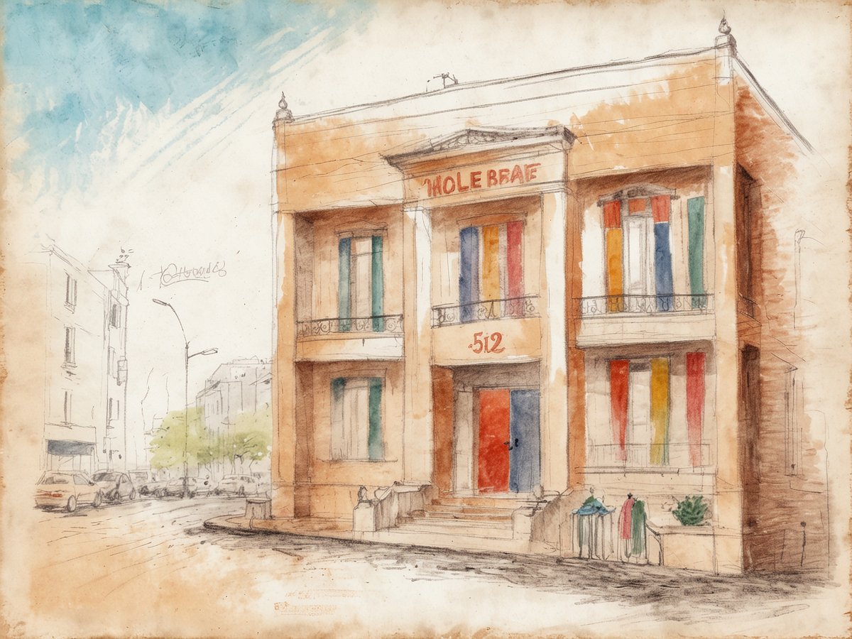 Eine künstlerische Aquarellzeichnung zeigt ein zweigeschossiges Gebäude mit der Aufschrift Whole Braf an der Front. Die Fassade ist in sanften Erdtönen gehalten, während die Fenster mit bunten Vorhängen in Rot, Blau und Gelb geschmückt sind. Auf der Straße vor dem Gebäude sind vereinzelte Fahrzeuge und Bäume zu sehen, die für eine städtische Atmosphäre sorgen. Die Blickrichtung zeigt eine abgerundete Straßenecke, was das Bild lebendig gestaltet. Der Himmel ist in hellem Blau gehalten und vermittelt einen sonnigen Eindruck.