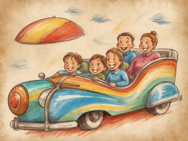 Auf dem Bild ist eine fröhliche Familie zu sehen, die in einem bunten Auto sitzt. Das Auto hat eine auffällige, regenbogenfarbene Lackierung. Die Kinder und die Mutter lächeln und scheinen viel Spaß zu haben. Über dem Auto schwebt ein aufgeklappter Regenschirm. Es vermittelt eine fröhliche Atmosphäre, ideal für einen Besuch im Freizeitpark für die ganze Familie, wo man gemeinsam aufregende Fahrgeschäfte genießen kann.