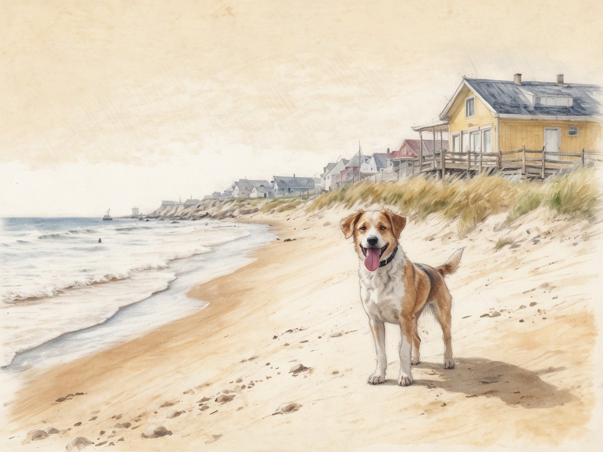 Ein fröhlicher Hund steht am Strand der Ostsee, umgeben von einer malerischen Küstenlandschaft. Im Hintergrund sind mehrere elegante, farbenfrohe Häuser sichtbar, die sich am Rand der sanft abfallenden Dünenreihe entlangziehen. Das Wasser ist ruhig und glitzert in der Sonne, während die Wellen sanft an den goldenen Sandstrand plätschern. Der Hund hat einen glücklichen Gesichtsausdruck und die Zunge herausgestreckt, als hätte er viel Spaß im Freien. Das Bild vermittelt ein Gefühl von Freiheit und Lebensfreude, perfekt für einen Urlaub mit Hund an der Ostsee.