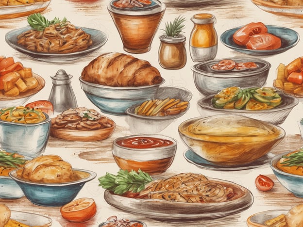 Auf dem Bild sind verschiedene Gerichte und Lebensmittel dargestellt, die eine authentische gastronomische Erfahrung widerspiegeln. Man sieht eine Vielzahl von Schalen und Tellern, die mit Pasta, Gemüse, Kartoffeln, Brötchen und Saucen gefüllt sind. Diese bunte Vielfalt lädt ein, die Geschmäcker und Traditionen kulinarischer Kunst zu erleben. Es vermittelt ein Gefühl von Gemütlichkeit und Genuss, das in der authentischen Gastronomie oft zu finden ist.