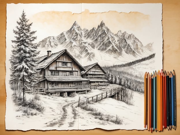 Auf dem Bild ist eine malerische Berglandschaft mit einem Holzhaus und umgebenden Fichten zu sehen. Die majestätischen Berge im Hintergrund vermitteln ein Gefühl von Ruhe und Naturverbundenheit. Man könnte in dieser Umgebung Aktivitäten wie Wandern, Skifahren oder Mountainbiken genießen. Auch das Entspannen in einer Berghütte oder das Erkunden der Landschaft sind beliebte Unternehmungen in solch einer idyllischen Kulisse.