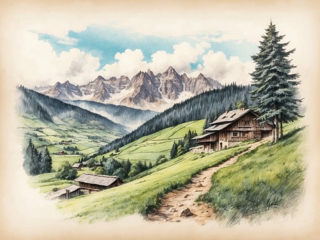 Auf dem Bild ist eine malerische Alpenlandschaft zu sehen, die von sanften Hügeln und majestätischen Bergen geprägt ist. Es gibt einige traditionelle Holzhütten, die typisch für die alpine Region sind. Diese Unterkünfte bieten oft einen idyllischen Rückzugsort für Wanderer und Naturliebhaber.

In einer solchen Umgebung kann man regionale Spezialitäten wie Speckplatten, Käse und knusprige Brezeln genießen. Auch hausgemachte Pasta und herzhaftes Sauerkraut sind beliebte Gerichte, die die Geschmacksknospen erfreuen. Nach einem langen Tag in der Natur sind rustikale Mahlzeiten und lokale Biere eine wunderbare Möglichkeit, den Abend abzurunden.