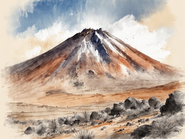 Auf dem Bild ist der Vulkan Teide zu sehen, der auf der Insel Teneriffa in den Kanarischen Inseln liegt. Der Vulkan hat eine markante, kegelförmige Gestalt und ist von einer felsigen, wüstenartigen Landschaft umgeben. Der Himmel ist teils bewölkt und zeigt eine sanfte Farbgebung, die das beeindruckende Landschaftsbild ergänzen.