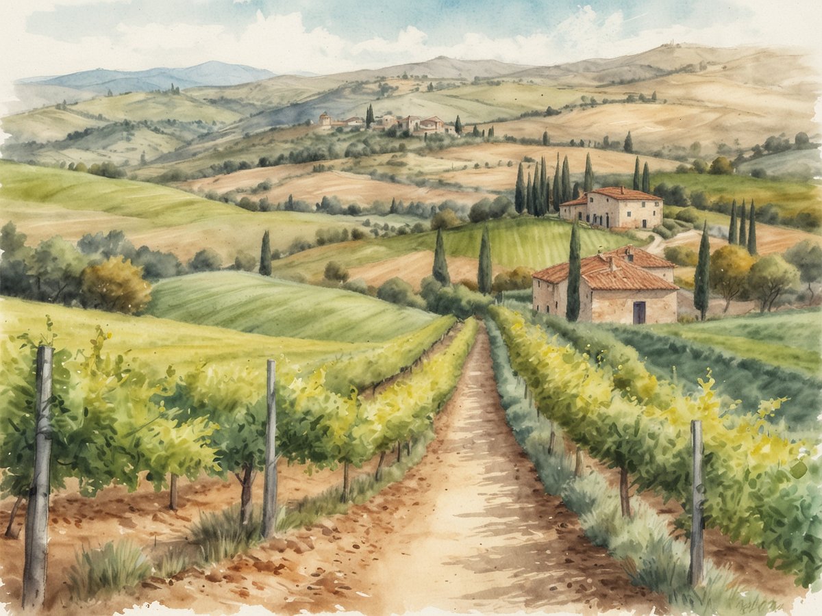 Eine malerische Landschaft der Toskana mit sanften Hügeln, die in verschiedenen Grüntönen schimmern. Ein schmaler Weg aus Erde zieht sich durch die Weinberge, die zu beiden Seiten von Reihen grüner Rebstöcke gesäumt sind. Im Hintergrund erheben sich alte Villen mit roten Dächern und Zypressen, die sich in die Höhe strecken. Sanfte, bewaldete Hügel formen die Horizontlinie, während der Himmel in sanften Blautönen leuchtet. Dieses Bild spiegelt die idyllische Schönheit und die kulturellen Schätze der toskanischen Region wider.