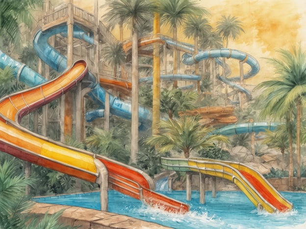 Auf dem Bild sind mehrere Wasserrutschen zu sehen, die typischerweise in einem Wasserpark wie dem Siam Park zu finden sind. Die Rutschen haben verschiedene Farben, darunter Blau, Orange, Gelb und Rot, und sie schlängeln sich durch eine tropische Umgebung mit Palmen und Felsen. Im Vordergrund ist ein Becken mit Wasser zu sehen, in dem das Wasser spritzt. Die gesamte Szene vermittelt ein Gefühl von Spaß und Abenteuer, das man in einem Freizeitbad erleben kann.