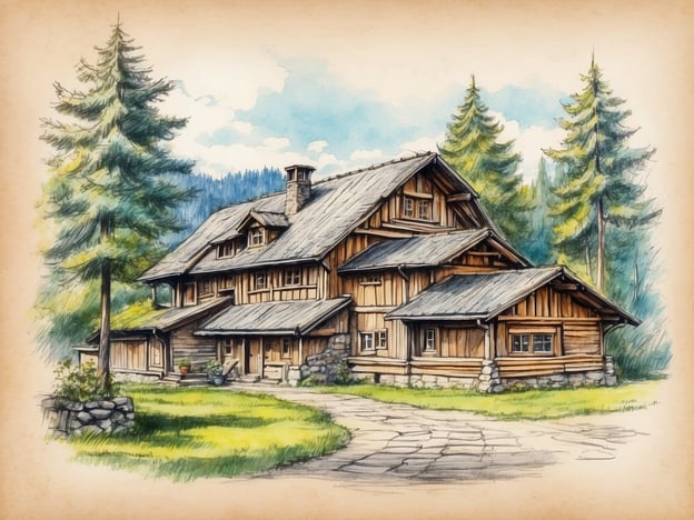 Auf dem Bild ist ein charakteristisches Holzhaus zu sehen, das von einer malerischen Landschaft umgeben ist. Das Gebäude zeigt traditionelle architektonische Merkmale, wie zum Beispiel ein steiles Dach und Holzverkleidungen, die häufig in ländlichen Gebieten anzutreffen sind. Um das Haus herum befinden sich hohe Tannenbäume, die eine idyllische Atmosphäre schaffen. Diese Art von Architektur ist Teil des kulturellen Erbes und spiegelt die handwerklichen Traditionen und Lebensweisen vergangener Zeiten wider. Es lädt dazu ein, das ländliche Kultur- und Naturerbe zu entdecken und zu schätzen.