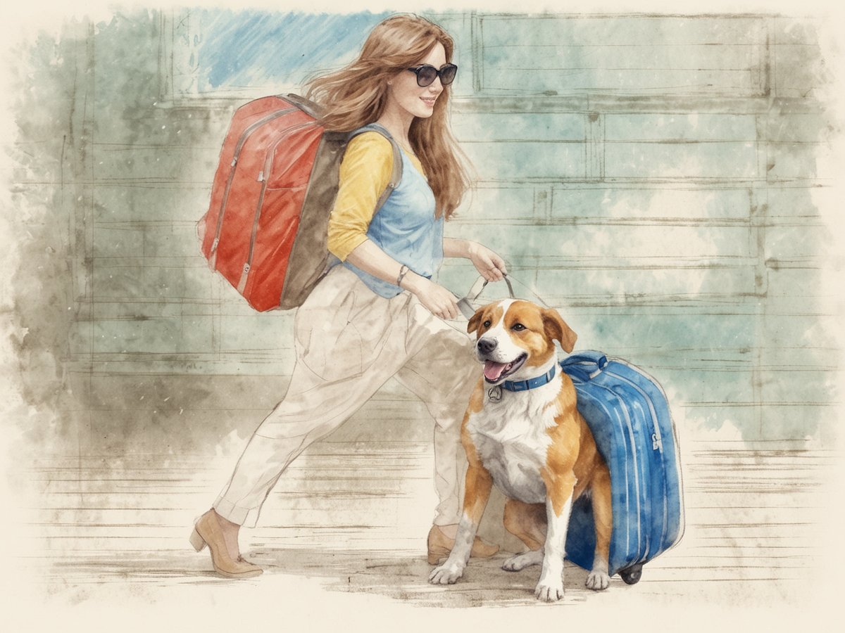 Eine junge Frau mit Sonnenbrille trägt einen roten Rucksack und geht mit ihrem Hund, der einen blauen Koffer neben sich hat. Der Hund wirkt fröhlich und zieht leicht an der Leine. Die Szene vermittelt eine entspannte Reiseatmosphäre und zeigt die Vorfreude auf das gemeinsame Abenteuer. Im Hintergrund ist eine farblich harmonische Wand zu erkennen, die die Gesamtstimmung der Reise unterstreicht.