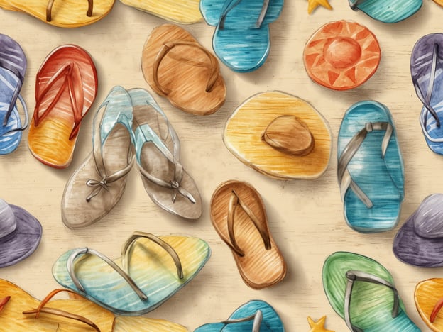 Auf dem Bild sind verschiedene Arten von Flip-Flops und Sonnenhüten zu sehen. Die Flip-Flops sind in verschiedenen Farben und Designs angeordnet, während die Sonnenhüte ebenfalls farbenfroh sind und einen sommerlichen Look vermitteln.