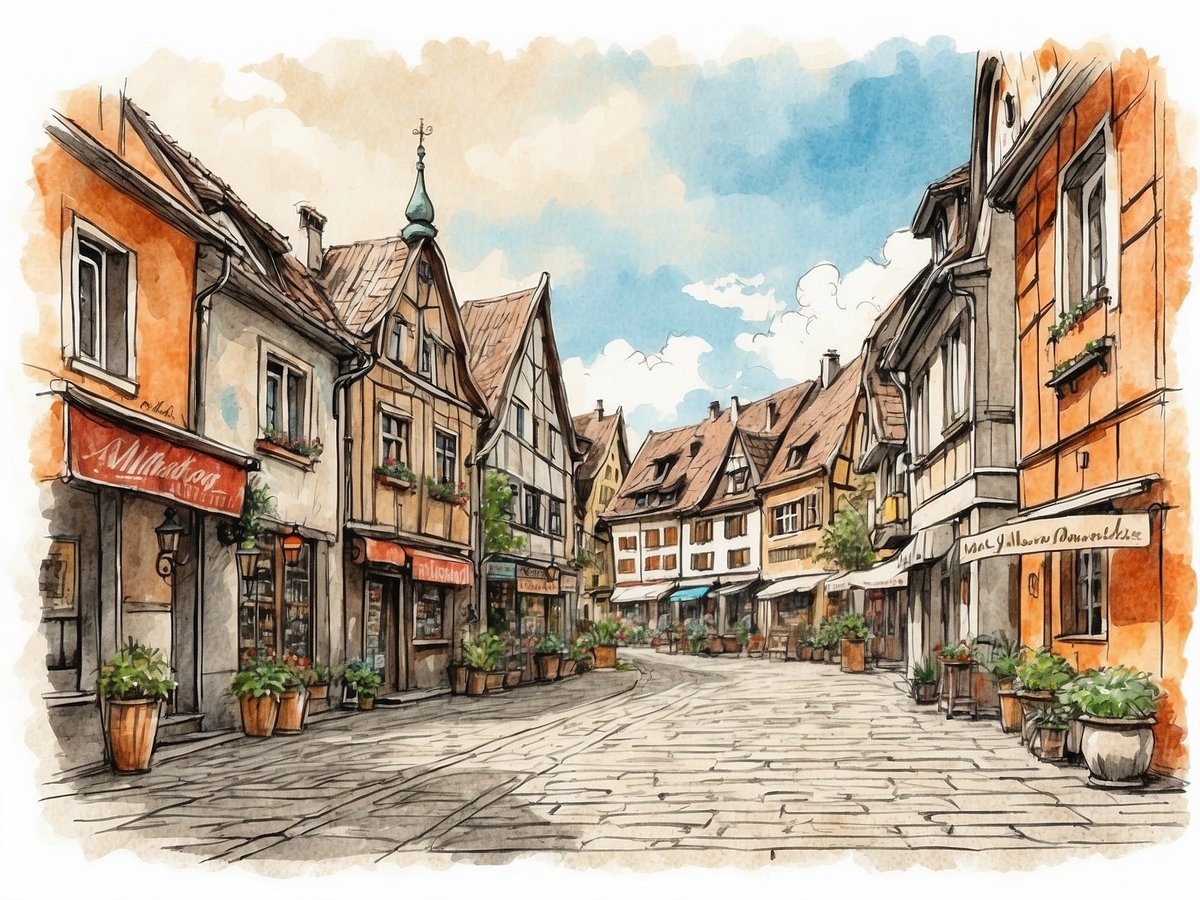 Ein malerischer Blick auf eine straßenzugartige Gasse in Meldorf mit historischen Fachwerkhäusern, die in sanften Farben gehalten sind. Die Straße ist mit flachen Steinplatten gepflastert und wird von bepflanzten Töpfen gesäumt. Einige Geschäfte sind mit bunten Schildern gekennzeichnet, während blühende Fensterbänke die Fassaden der Häuser schmücken. Über dem Szene sind einige Wolken am blauen Himmel zu sehen, die der Landschaft eine freundliche Atmosphäre verleihen.