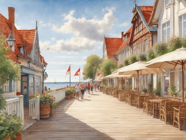 Willkommen in Travemünde! Auf dem Bild ist eine malerische Uferpromenade zu sehen, gesäumt von charmanten Häusern mit roten Dächern und blühenden Pflanzen. Die Promenade scheint lebhaft zu sein, da sich mehrere Personen entlang des Weges bewegen, und es gibt Schatten spendende Sonnenschirme sowie Tische, die zum Verweilen einladen. Im Hintergrund sieht man das Wasser mit Segelbooten und eine friedliche Himmelsszenerie.