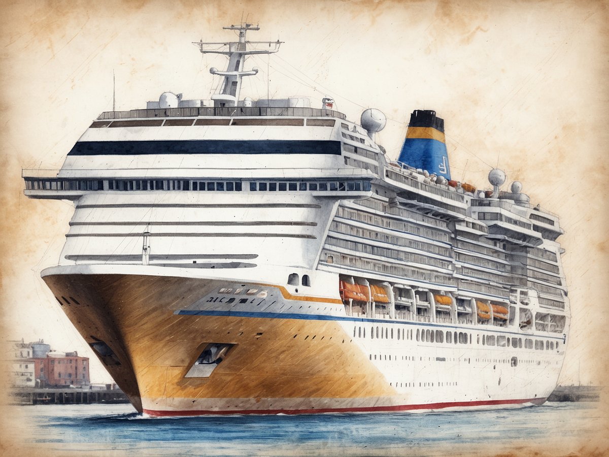 Ein großes Kreuzfahrtschiff liegt ruhig im Hafen, umgeben von Wasser. Die Schiffskörperfarbe ist überwiegend weiß mit orangefarbenen und gelben Akzenten. Auf dem Oberdeck sind zahlreiche Fenster und verschiedene Schornsteine zu sehen. Im Hintergrund sind Hafenanlagen und Gebäude zu erkennen, die dem Bild eine maritim-europäische Atmosphäre verleihen. Das Schiff strahlt eine einladende und luxuriöse Stimmung aus, ideal für unvergessliche Seereisen in Nordeuropa ab Hamburg.