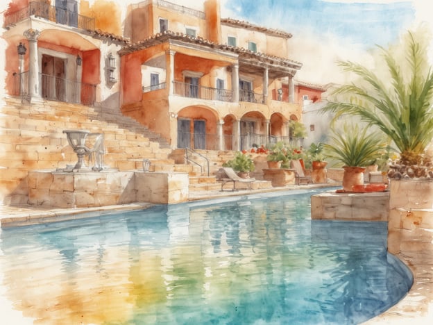 Auf dem Bild ist eine wunderschöne mediterrane Landschaft zu sehen, die Entspannung pur in Spaniens Wellness-Oasen verströmt. Eine elegante Villa mit warmen Farben steht im Hintergrund, während eine einladende Poollandschaft im Vordergrund glitzert. Die terrassierten Stufen und üppigen Pflanzen in Töpfen vermitteln ein Gefühl von Ruhe und Erholung. Die sanfte Reflexion im Wasser und der klare Himmel schaffen eine harmonische Atmosphäre, perfekt für entspannende Stunden im Freien.