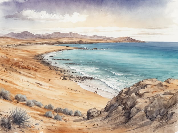 Auf dem Bild ist eine wunderschöne Landschaft von Fuerteventura zu sehen. Die Küste zeigt sich mit feinem Sandstrand und sanften Wellen, die sanft ans Ufer spülen. Im Hintergrund erstrecken sich die sanften Hügel und Berge der Insel, während der Himmel in sanften Farben erleuchtet ist. Die Schönheit von Fuerteventura entdecken bedeutet, die ruhige und naturbelassene Atmosphäre dieser einzigartigen Insel zu genießen.