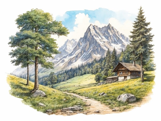 Auf dem Bild ist eine malerische Berglandschaft zu sehen. Im Vordergrund gibt es zwei große Bäume und einen geschwungenen Pfad, der durch das grüne Gras führt. Rechts im Bild steht eine rustikale Holz-Hütte, umgeben von Bäumen. Im Hintergrund erheben sich majestätische, schneebedeckte Berge unter einem blauen Himmel mit vereinzelten Wolken. Diese Szenerie vermittelt eine friedliche und natürliche Atmosphäre, die ideal für Wanderer und Naturliebhaber ist.