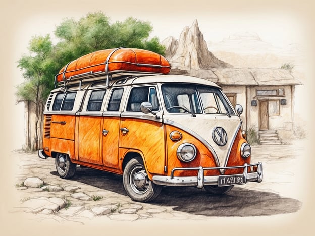 Auf dem Bild ist ein orangefarbener Volkswagen-Bus zu sehen, der vor einer malerischen Kulisse mit Bäumen und einem Gebäude parkt. Die Szene strahlt eine nostalgische Atmosphäre aus. Dies könnte eine Einladung sein, die Schönheit des Schwarzwalds zu entdecken, wo solche klassischen Fahrzeuge oft auf den kurvigen Straßen und in der Natur unterwegs sind.