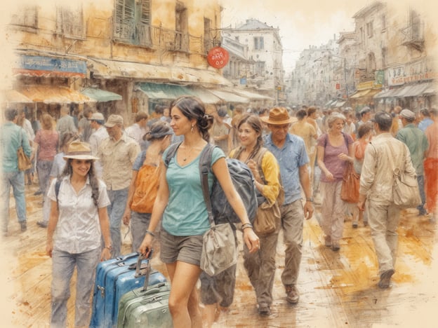 Auf dem Bild ist eine belebte Straßenszene in einer Stadt zu sehen. Mehrere Personen sind auf einem Straßenmarkt unterwegs. Zwei Frauen in der Vordergrundmitte haben Koffer und scheinen gerade anzukommen. Im Hintergrund sieht man eine Vielzahl von Menschen, die miteinander interagieren. Die Atmosphäre wirkt lebhaft und einladend, was auf das kulturelle Leben und die Vielfalt des Ortes hinweist. Die Architektur der Gebäude und die Geschäfte verleihen dem Ambiente einen besonderen Charme, der für kulturinteressierte Besucher ansprechend ist.