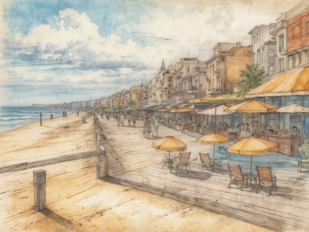 Auf dem Bild ist eine malerische Szene des Las Canteras Strandes zu sehen. Es zeigt die Strandpromenade mit mehreren Cafés und Restaurants, die mit Sonnenschirmen ausgestattet sind. Menschen spazieren entlang des Strandes, während Wellen sanft an die Küste schlagen. Die Architektur entlang der Promenade ist vielfältig und trägt zum charmanten Ambiente bei, das für diesen beliebten Strand typisch ist. Der Himmel ist teilweise bewölkt, was eine angenehme und entspannte Atmosphäre schafft.