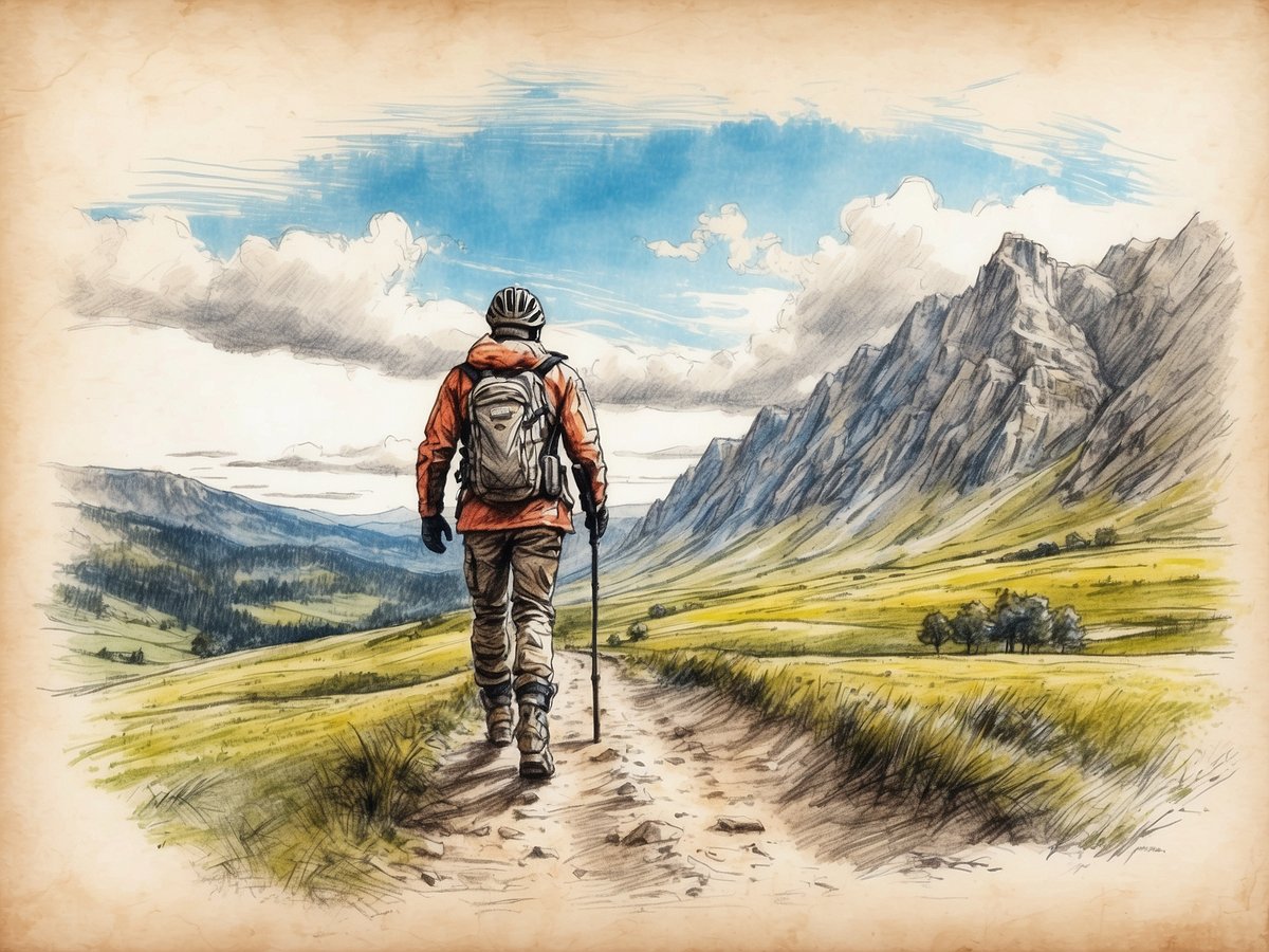 Eine wandernde Person in orangefarbener Jacke mit Rucksack und Wanderstock steht auf einem schmalen Pfad, der durch eine grüne Wiesenlandschaft führt. Im Hintergrund erstrecken sich majestätische Berge unter einem teilweise bewölkten Himmel. Die Szenerie vermittelt ein Gefühl von Abenteuer und Freiheit in der Natur.