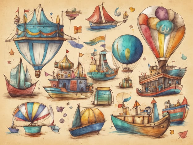 Auf dem Bild siehst du eine fröhliche Sammlung von bunten Booten und Luftballons! Es gibt schicke Segelboote, bunte Heißluftballons, die durch den Himmel schweben, und ein fröhliches Schiff mit vielen Fenstern. Da sind sogar kleine Häuser auf einigen Booten! Überall flattert Farbe wie ein Regenbogen. Stell dir vor, welche Abenteuer all diese fantasievollen Schiffe erleben könnten! Vielleicht fahren sie zu einer geheimen Insel oder fliegen über einen glitzernden Ozean! Ahoy und viel Spaß beim Träumen! ????????????