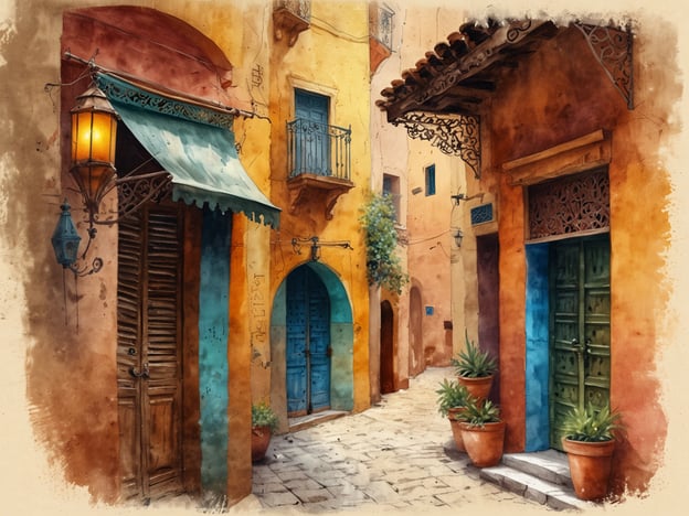 Auf dem Bild ist eine malerische Gasse in Marrakesch zu sehen, die von den lebhaften Farben und charmanten architektonischen Details geprägt ist. Die Wände sind in warmen Gelb- und Ockertönen gehalten, während die Türen und Fenster in sanften Blau- und Grüntönen strahlen. Über der Gasse hängen Laternen, die einladendes Licht spenden. Die typischen Töpfe mit Pflanzen verleihen der Szene eine lebendige Note und machen die Atmosphäre noch zauberhafter. Diese Darstellung fängt die Magie von Marrakesch perfekt ein – ein Ort voller Farben, Leben und kultureller Vielfalt.