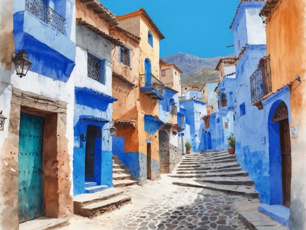 Auf dem Bild sind die charakteristischen blauen Gassen von Chefchaouen zu sehen. Die enge und malerische Straße ist gesäumt von Gebäuden in verschiedenen Blautönen, die mit orangefarbenen und weißen Akzenten kontrastieren. Die Gassen sind mit Steinen gepflastert und verleihen der Szene einen charmanten, traditionellen Charakter. Es gibt auch Fenster mit Eisenbalkonen und Pflanzen, die zur Atmosphäre beitragen. Die Bergkulisse im Hintergrund vervollständigt dieses idyllische Bild der marokkanischen Stadt.