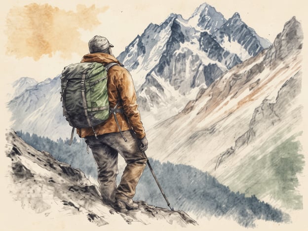 Auf dem Bild ist eine Person zu sehen, die in den Alpen von Tirol wandert. Sie steht auf einem felsigen Hang und blickt auf eine beeindruckende Berglandschaft mit schneebedeckten Gipfeln. Die Person trägt einen großen Rucksack und hat einen Wanderstock in der Hand. Die Szenerie vermittelt ein Gefühl von Abenteuer und Naturverbundenheit, typisch für ein Alpenabenteuer in Tirol. Die sanften Wasserfarben unterstreichen die idyllische Umgebung und den dramatischen Höhenunterschied der Berge im Hintergrund.