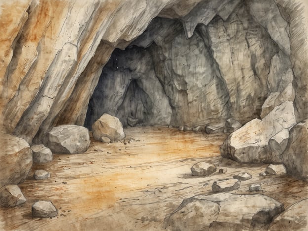 Auf dem Bild ist eine Höhle zu sehen, die von großen Felsen und Steinen umgeben ist. Die strukturierten Wände und der Boden aus sandigem Material lassen an natürliche Formationen denken, die man im Škocjan-Höhlen-Nationalpark finden könnte. Dieser Park ist bekannt für seine beeindruckenden Höhlen und unterirdischen Flüsse, die spektakuläre geologische Merkmale aufweisen.