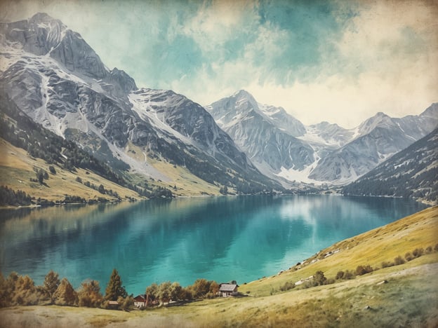 Auf dem Bild sind beeindruckende Berglandschaften zu sehen, die typisch für die Julischen Alpen sind. Der klare, türkisfarbene See im Vordergrund erinnert an den Bohinj-See, der ebenfalls von majestätischen Bergen umgeben ist. Die sanften Hügel und die malerische Natur schaffen eine idyllische Atmosphäre, die charakteristisch für diese alpine Region ist.