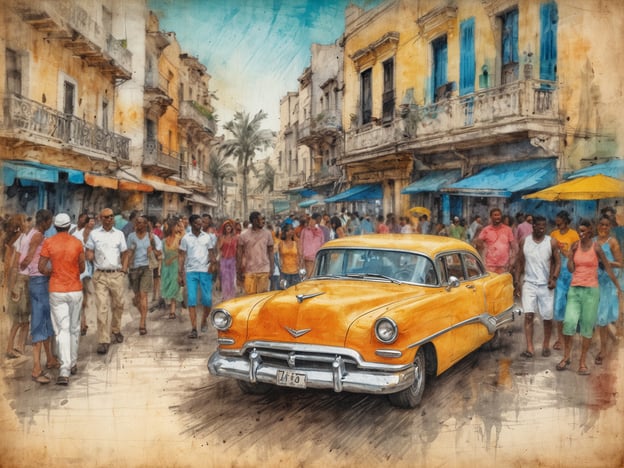 Auf dem Bild ist eine lebhafte Szene in Havanna zu sehen. Die Straße ist belebt von vielen Menschen, die in bunten Kleidern herumflanieren. In der Mitte steht ein auffälliges, oranges Auto, das den Charme der alten amerikanischen Autos widerspiegelt, die typisch für die Stadt sind. Die Gebäude im Hintergrund haben ein nostalgisches Flair, mit ihrer kolonialen Architektur und den bunten Fassaden. Überall sind kleine Stände und Cafés, die die pulsierende Atmosphäre der kubanischen Musik- und Kulturszene widerspiegeln. Diese Szene vermittelt ein Gefühl von Lebensfreude und Gemeinschaft.