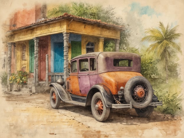 Auf dem Bild ist ein klassisches, farbenfrohes Auto vor einem historischen Gebäude mit lebhaften Türen zu sehen. Die Architektur und das Auto spiegeln den nostalgischen Charme von Trinidad wider, wo koloniale Einflüsse und traditionelle Karibikästhetik miteinander verschmelzen. Entdecke die reiche Geschichte von Trinidad, die solche Szenen geprägt hat und kulturelle Vielfalt widerspiegelt. Die bunten Farben und die charakteristische Bauweise sind Symbole für die lebendige Kultur und Geschichte dieser wunderschöne Region.