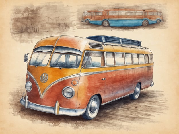 Auf dem Bild ist ein klassischer VW-Bus zu sehen, der in warmen Farben wie Orange und Gelb gestaltet ist. Der Bus ist ein Symbol für Transport, da er oft für Reisen und Gruppenfahrten genutzt wird. Im Hintergrund sind weitere skizzenhafte Darstellungen von Bussen und Menschen, die die vielfältigen Nutzungsmöglichkeiten des Transports zeigen. Der VW-Bus hat ein nostalgisches Design und wird häufig mit Freiheit und Abenteuern assoziiert.