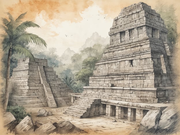 Auf dem Bild sind Maya-Ruinen zu sehen, die von tropischer Vegetation umgeben sind. Die architektonischen Strukturen zeigen charakteristische Stufenpyramiden, die typisch für die Maya-Kultur sind. Dieser Ort lädt dazu ein, die faszinierende Geschichte und Architektur der Maya zu erkunden.