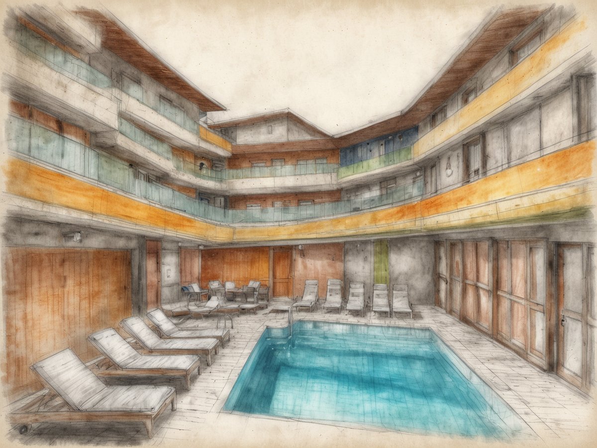 Ein moderner Innenhof eines Wellnesshotels in Österreich mit einem klaren Pool in der Mitte, umgeben von eleganten Liegen und Stühlen. Die Architektur zeigt eine Kombination aus Beton und farblichen Akzenten in Orange und Grün, während große Fenster und Balkone für viel Licht sorgen. Die Atmosphäre wirkt beruhigend und einladend, ideal für eine entspannende Auszeit.