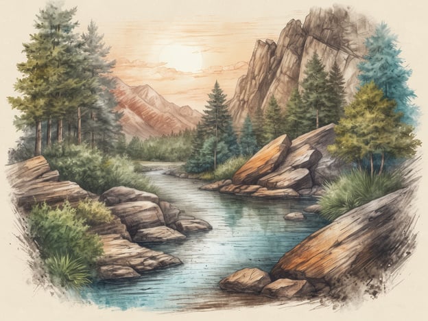 Auf dem Bild ist eine malerische Landschaft zu sehen, die eine ruhige, gewundene Flusslandschaft mit felsenartigen Ufern darstellt. Umgeben von hohen Bäumen, die die vielfältige Natur widerspiegeln, erstrecken sich sanfte Berge im Hintergrund, während die Sonne am Horizont aufgeht. Diese Szenerie lädt dazu ein, die Schönheit und Vielfalt der Natur zu entdecken.