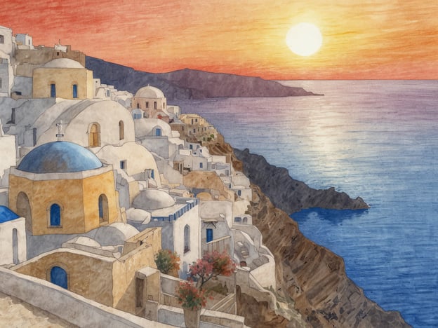 Auf dem Bild ist ein malerischer Sonnenuntergang in Oia zu sehen. Die sanften Farben des Himmels reflektieren sich im Meer, während die charakteristischen weißen Gebäude mit blauen Kuppeln die Küstenlandschaft prägen. Die Szenerie vermittelt eine ruhige und romantische Atmosphäre, typisch für diese berühmte griechische Stadt.