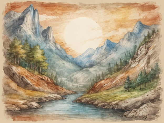 Auf dem Bild sind malerische Berge und ein ruhiger Fluss zu sehen, umgeben von bewaldeten Hängen. Die Farben des Himmels deuten auf einen Sonnenuntergang hin, was eine friedliche Atmosphäre schafft. Diese Szenerie erinnert stark an die mysteriösen Schluchten von Theth, die für ihre atemberaubende natürliche Schönheit bekannt sind. Die Kombination aus Bergen, Wasser und üppiger Vegetation vermittelt ein Gefühl von Ruhe und Erhabenheit, das typisch für die Region ist.