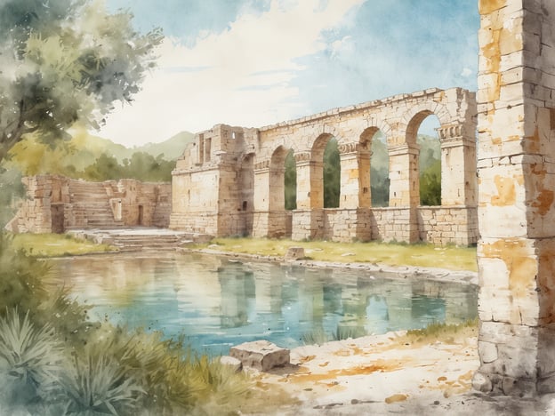 Auf dem Bild sind die Überreste einer antiken Ruine zu sehen, die an die antiken Stätten von Butrint erinnern. Die Architektur ist geprägt von alten Steinen und Bögen, umgeben von einer ruhigen Wasserstelle und üppigem Grün. Solche Stätten zeugen von einer reichen Geschichte und kulturellen Bedeutung, die bis in die Antike zurückreicht. Das Bild vermittelt eine friedliche Atmosphäre, die die Schönheit und den Verfall dieser historischen Stätten widerspiegelt.