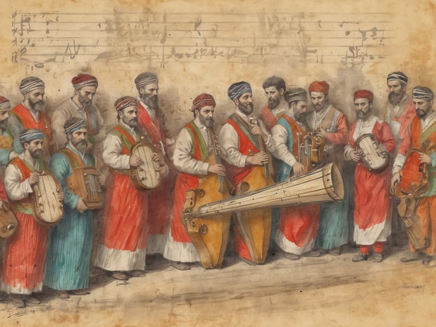 Auf dem Bild sind Musiker zu sehen, die traditionelle albanische Musik spielen. Sie tragen farbenfrohe, traditionelle Gewänder und halten verschiedene Musikinstrumente in den Händen, darunter auch eine Laute oder ein ähnliches Saiteninstrument. Im Hintergrund sind Notenblätter abgebildet, was darauf hinweist, dass sie möglicherweise ein musikalisches Stück vortragen. Diese Darstellungen sind typisch für die lebendige und kulturell reiche Musiktradition Albaniens, die oft mit feierlichen Anlässen und folkloristischen Veranstaltungen verbunden ist.