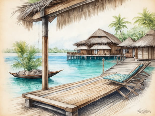 Auf dem Bild sind luxuriöse Überwasserbungalows abgebildet, die stilvoll über dem kristallklaren Wasser errichtet wurden. Die Bungalows sind im traditionellen Stil mit Strohdächern gestaltet und bieten eine perfekte Kulisse für Entspannung und Erholung. Im Vordergrund befindet sich eine Holzliege, die zum Entspannen einlädt, während eine kleine Bootsanlegestelle und Palmen das tropische Ambiente unterstreichen. Das gesamte Setting strahlt einen Hauch von Luxus und Ruhe aus.