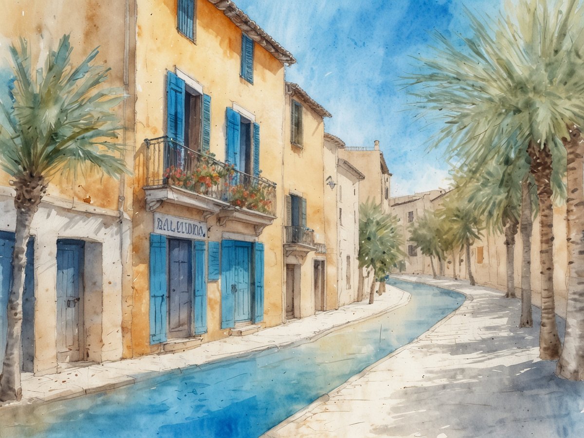 Eine malerische Gasse in Alcúdia zeigt sanft geschwungene Wasserwege, die von hellgelben Häusern mit blauen Fensterläden gesäumt sind. Palmen reihen sich entlang des Gehwegs, während Blumen auf den Balkonen blühen. Der Himmel ist wolkenlos und strahlend blau, wodurch eine einladende Atmosphäre entsteht. Die Szenerie vermittelt das Gefühl von historischem Charme, kombiniert mit der Schönheit des azurblauen Wassers, das die Gasse durchzieht.