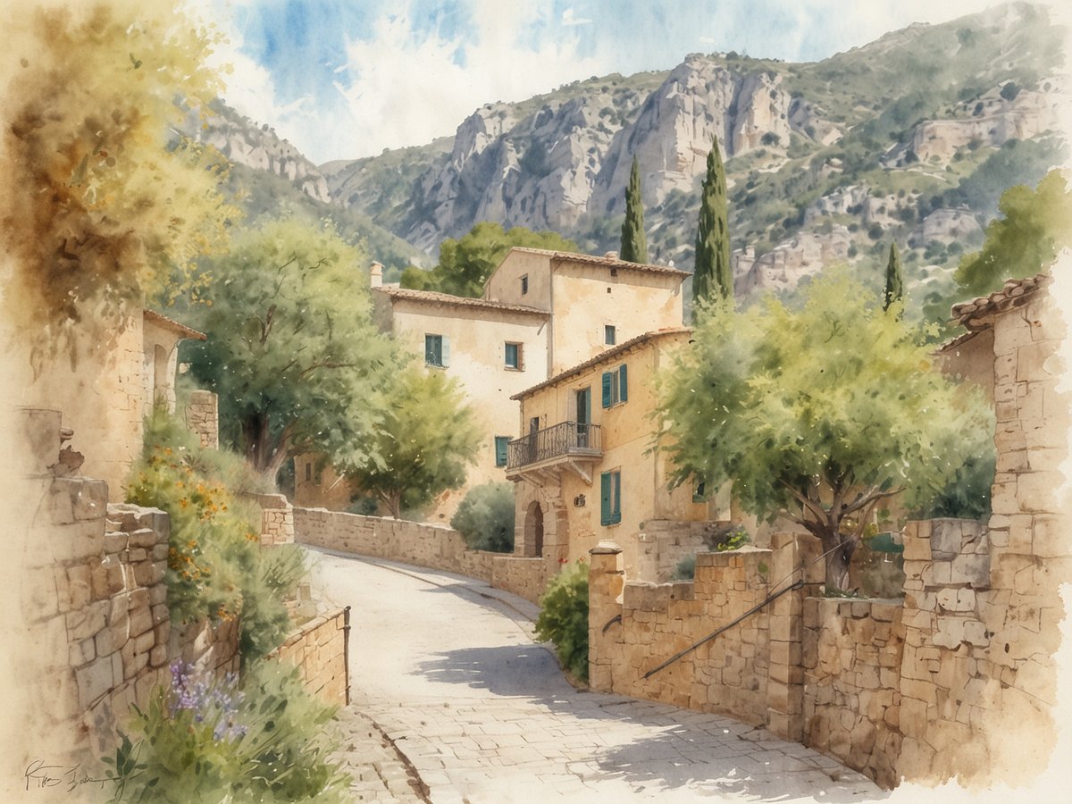 Eine malerische Straße in Valldemossa, einem Künstlerdorf mit atemberaubenden Bergblicken. Das Bild zeigt alte Steinhäuser mit blauen Fensterläden, umgeben von üppigen, grünen Bäumen und Blumen. Die gepflasterte Straße schlängelt sich sanft durch die Szene, während majestätische Berge im Hintergrund aufragen und den Himmel mit leicht bewölkten, sanften Farbtönen in harmonischem Kontrast stehen.