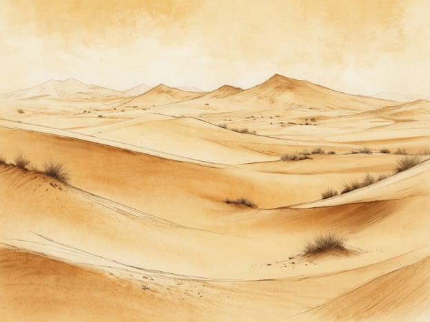 Auf dem Bild ist die unendliche Weite der Wüste Rub al-Khali zu sehen. Die sanften, geschwungenen Sanddünen erstrecken sich über die Landschaft, unterbrochen von sporadischen Gräsern, die sich tapfer in der kargen Umgebung behaupten. Der Himmel gibt einen sanften, hellen Farbton wieder, der die endlose Weite der Wüste verstärkt und eine Atmosphäre von Ruhe und Einsamkeit schafft.