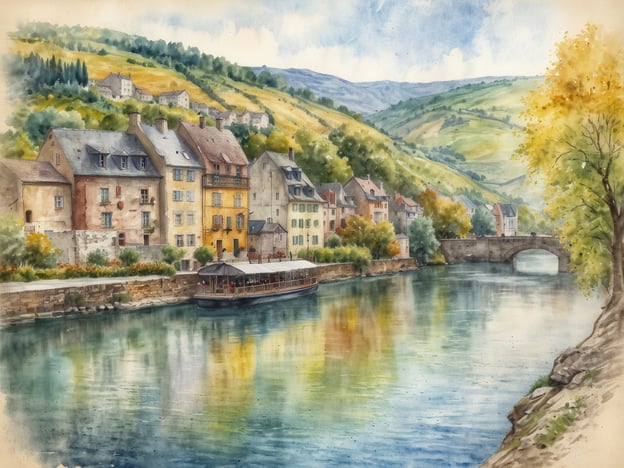 Auf dem Bild ist eine malerische Flusslandschaft an der Mosel zu sehen. Die sanften Hügel sind mit Weinbergen und üppigem Grün bedeckt. Am Ufer spiegeln sich die bunten, historischen Häuser im Wasser, während ein gemütliches Boot in der Mitte des Flusses schwimmt. Eine Brücke verbindet die beiden Ufer, und die gesamte Szene strahlt Ruhe und Schönheit aus. Diese Darstellung lädt dazu ein, die Schönheit der Mosel zu entdecken.