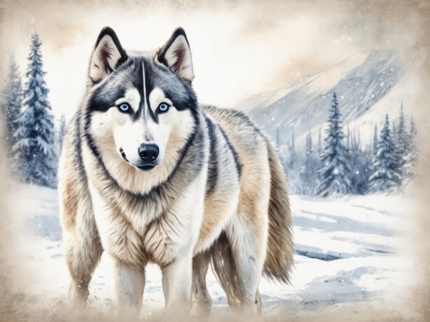 Auf dem Bild ist ein Husky zu sehen, der in einer verschneiten Landschaft steht. Der Hund hat ein dichtes, weiches Fell und auffällige blaue Augen. Im Hintergrund sind schneebedeckte Bäume und Berge sichtbar, die die Winterstimmung unterstreichen. Es scheint, als ob der Husky die Umgebung aufmerksam beobachtet.