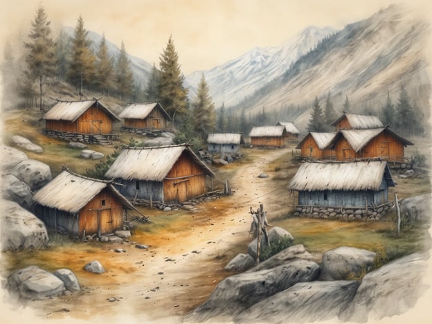 Auf dem Bild ist eine malerische Ansicht eines traditionellen Sami-Dorfes zu sehen. Die Szene zeigt eine Ansammlung von holzgebauten Hütten, die sich harmonisch in die natürliche Umgebung einfügen. Umgeben von Bäumen und Bergen vermittelt das Bild eine friedliche, ländliche Atmosphäre, die typisch für die Lebensweise der Sámi ist. Die Hütten haben meist Dächer aus Grassoden oder Holz und sind entlang eines unbefestigten Weges angeordnet. Solche Dörfer sind ein wesentlicher Teil der Kulturanlage der Sámi, die für ihre enge Verbindung zur Natur und ihre jahrhundertealten Traditionen bekannt sind.