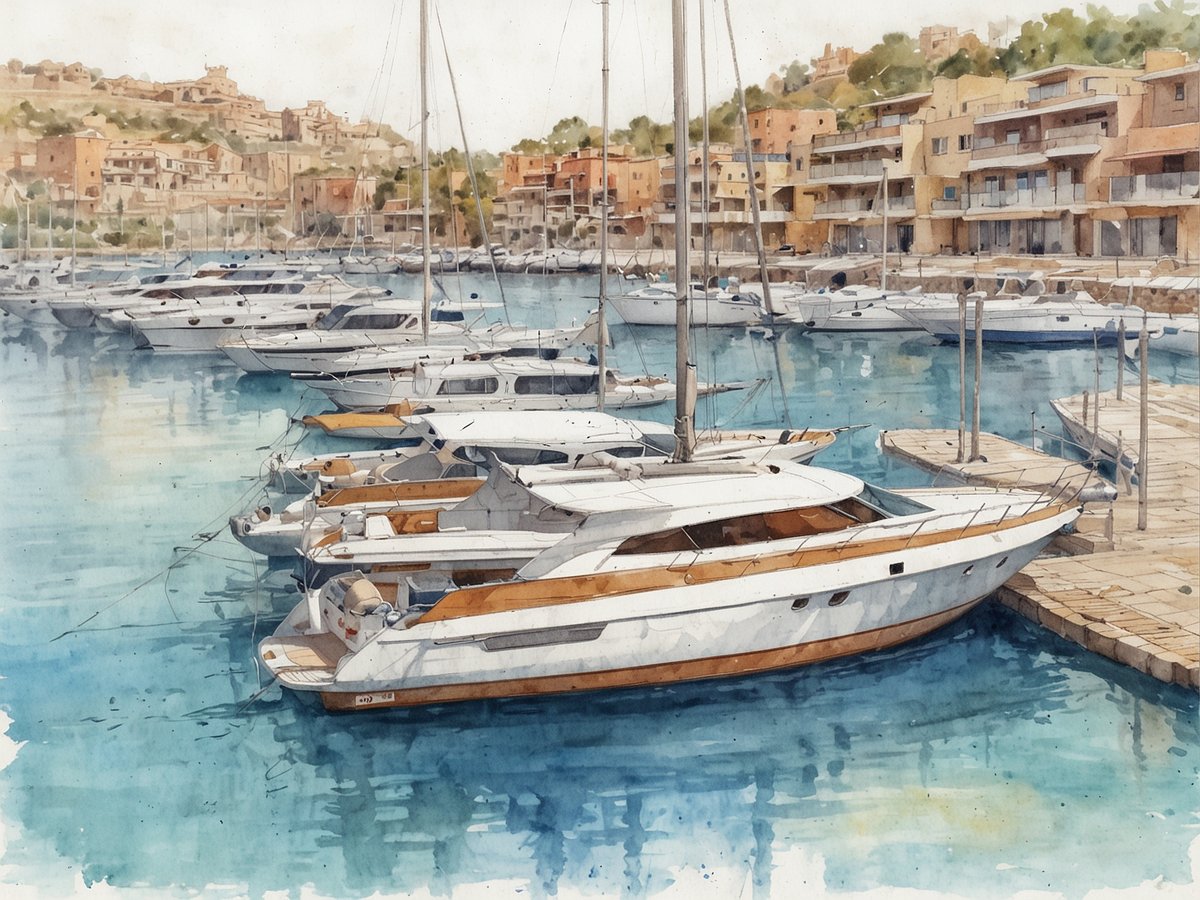 Moderne Marina mit Designerflair in Port Adriano, wo elegante Yachten in kristallklarem Wasser ankern. Im Hintergrund erstrecken sich stilvolle Wohngebäude und sanfte Hügel, während der Hafen mit zahlreichen Booten gefüllt ist. Das ruhige Wasser spiegelt die umliegende Architektur und die sanften Farben des Himmels wider, was eine entspannte und luxuriöse Atmosphäre schafft.