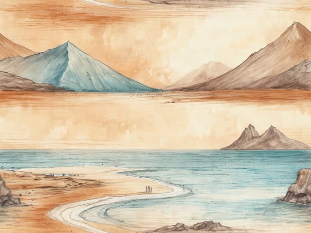 Auf dem Bild ist eine malerische Landschaft zu sehen, die an Fuerteventura erinnert: die Insel der endlosen Strände. Es gibt sanfte Hügel und Berge, die in warmen, erdigen Tönen dargestellt sind. Unten im Bild verläuft eine kurvenreiche Küstenlinie mit feinem Sandstrand, der sanft ins Wasser übergeht. Das Meer ist in verschiedenen Blautönen gehalten, und einige Figuren scheinen am Strand zu spazieren. Diese Darstellung fängt die natürliche Schönheit und die friedliche Atmosphäre der Insel perfekt ein.