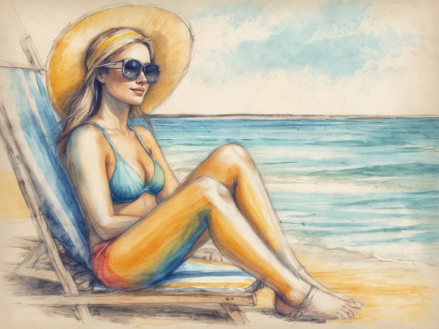 Auf dem Bild ist eine Frau zu sehen, die entspannt an einem paradiesischen Strand sitzt. Sie trägt eine Sonnenbrille und einen großen Sonnenhut, während sie auf einer Liegestuhl wartet. Solche Strände laden zu verschiedenen Aktivitäten ein, wie Sonnenbaden, Schwimmen im klaren Wasser, Strandspaziergängen oder einfach nur dem Rauschen der Wellen zuzuhören. Der Ort scheint ideal zu sein, um die Seele baumeln zu lassen und die warme Sonne zu genießen.